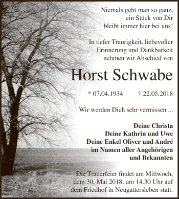 Traueranzeige von Horst Schwabe von Super Sonntag Bernburg