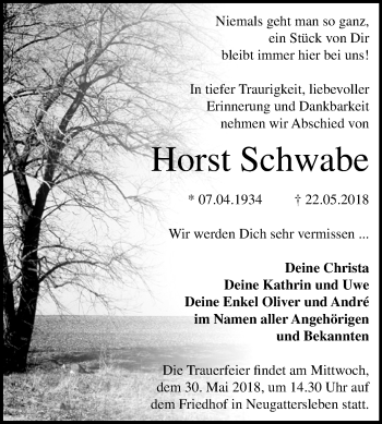 Traueranzeige von Horst Schwabe von Mitteldeutsche Zeitung Bernburg