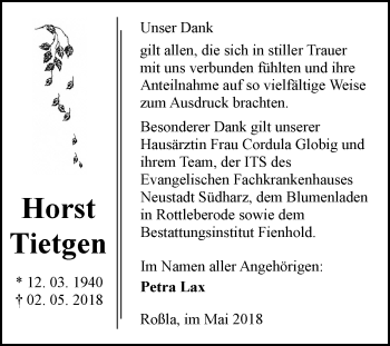 Traueranzeige von Horst Tietgen von Mitteldeutsche Zeitung Sangerhausen