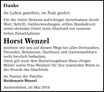 Traueranzeige von Horst Wenzel von Mitteldeutsche Zeitung Aschersleben