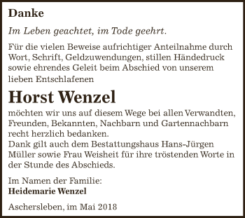Traueranzeige von Horst Wenzel von Super Sonntag Aschersleben