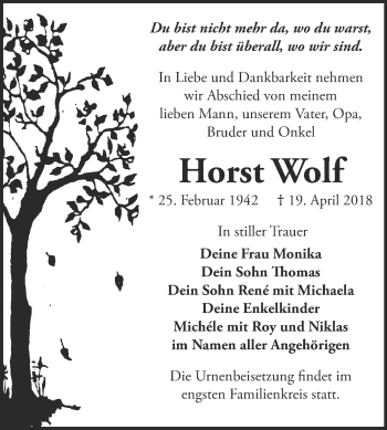 Traueranzeige von Horst Wolf von WVG - Wochenspiegel Bitterfeld