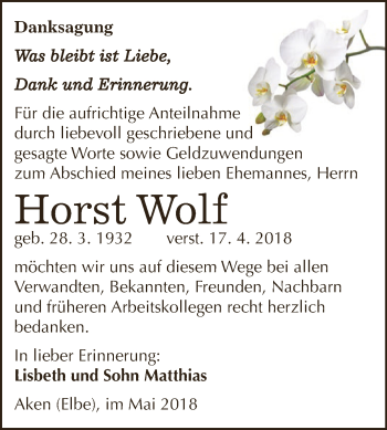 Traueranzeige von Horst Wolf von WVG - Wochenspiegel Dessau / Köthen