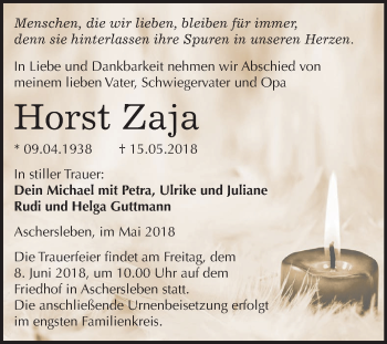 Traueranzeige von Horst Zaja von Mitteldeutsche Zeitung Aschersleben