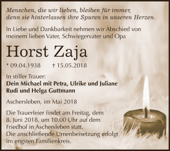 Traueranzeige von Horst Zaja von Super Sonntag Aschersleben
