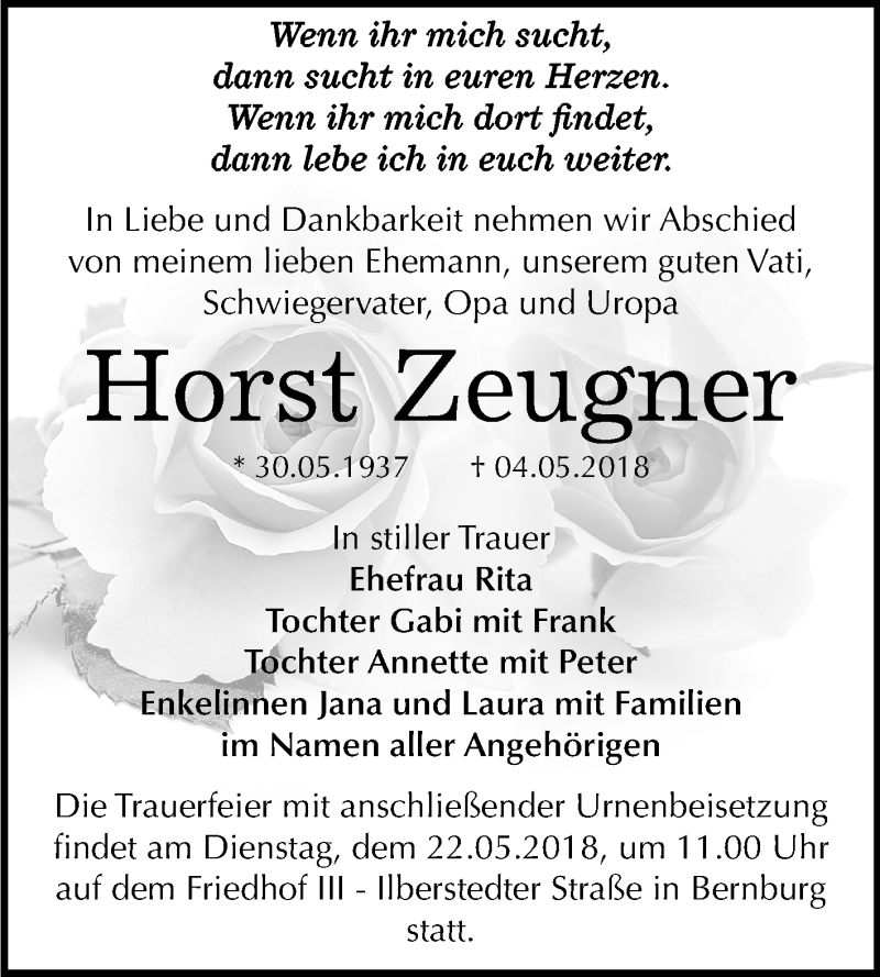  Traueranzeige für Horst Zeugner vom 12.05.2018 aus Mitteldeutsche Zeitung Bernburg