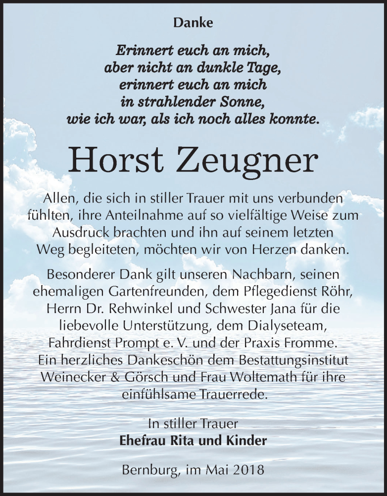  Traueranzeige für Horst Zeugner vom 26.05.2018 aus Mitteldeutsche Zeitung Bernburg
