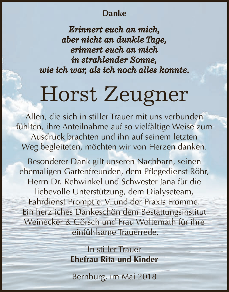  Traueranzeige für Horst Zeugner vom 26.05.2018 aus Super Sonntag Bernburg
