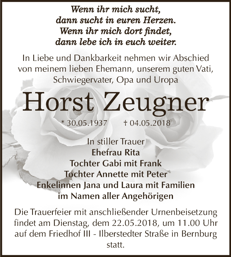  Traueranzeige für Horst Zeugner vom 12.05.2018 aus Super Sonntag Bernburg