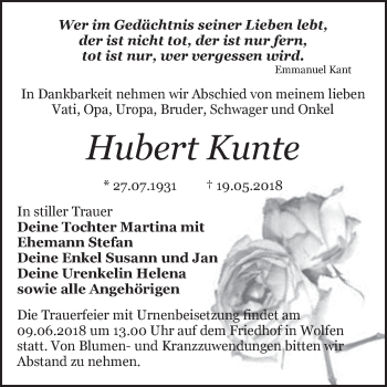 Traueranzeige von Hubert Kunte von WVG - Wochenspiegel Bitterfeld