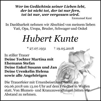 Traueranzeige von Hubert Kunte von Mitteldeutsche Zeitung Bitterfeld