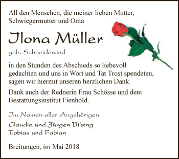 Traueranzeige von Ilona Müller von Super Sonntag SGH Mansf. Land