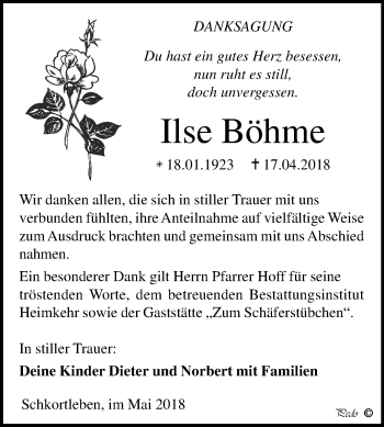 Traueranzeige von Ilse Böhme von Mitteldeutsche Zeitung Weißenfels