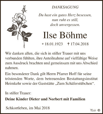 Traueranzeige von Ilse Böhme von WVG - Wochenspiegel NMB / WSF / ZTZ