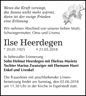 Traueranzeige von Ilse Heerdegen von WVG - Wochenspiegel Merseburg