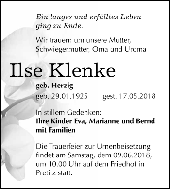 Traueranzeige von Ilse Klenke von WVG - Wochenspiegel Merseburg