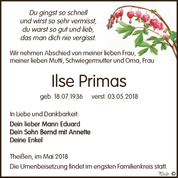 Traueranzeige von Ilse Primas von Super Sonntag Zeitz