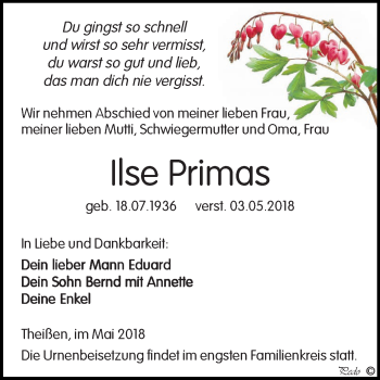 Traueranzeige von Ilse Primas von Mitteldeutsche Zeitung Zeitz