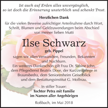 Traueranzeige von Ilse Schwarz von Mitteldeutsche Zeitung Merseburg/Querfurt
