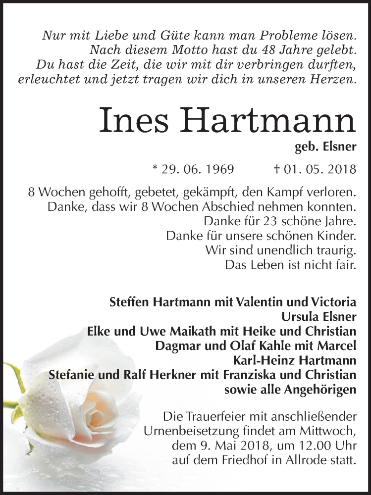  Traueranzeige für Ines Hartmann vom 05.05.2018 aus Mitteldeutsche Zeitung