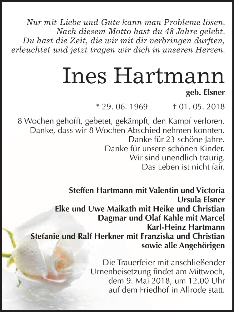  Traueranzeige für Ines Hartmann vom 05.05.2018 aus WVG - Wochenspiegel Quedlinburg