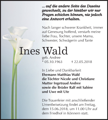 Traueranzeige von Ines Wald von Mitteldeutsche Zeitung Bernburg