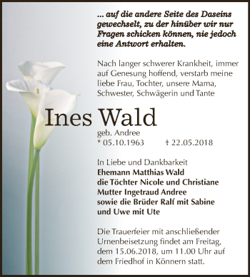 Traueranzeige von Ines Wald von Super Sonntag Bernburg