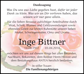 Traueranzeige von Inge Bittner von WVG - Wochenspiegel Halle