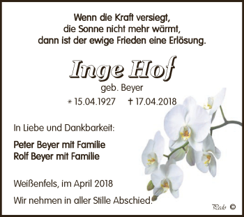 Traueranzeige von Inge Hof von WVG - Wochenspiegel NMB / WSF / ZTZ