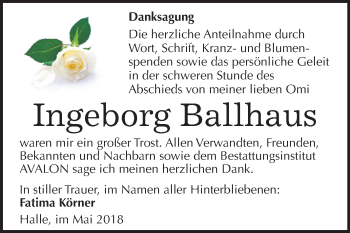 Traueranzeige von Ingeborg Ballhaus von Mitteldeutsche Zeitung Halle/Saalkreis