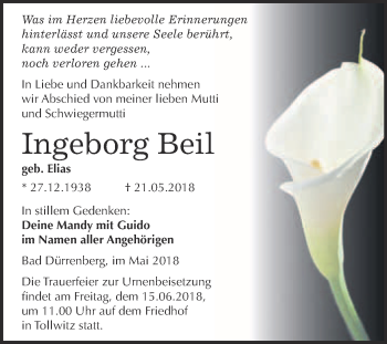 Traueranzeige von Ingeborg Beil von Super Sonntag Merseburg