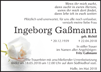 Traueranzeige von Ingeborg Gaßmann von Mitteldeutsche Zeitung Halle/Saalkreis