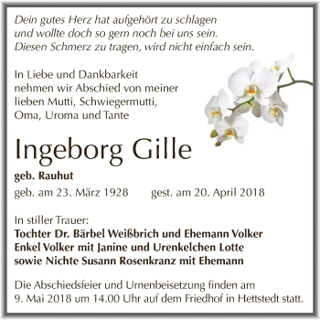 Traueranzeige von Ingeborg Gille von Super Sonntag SGH Mansf. Land