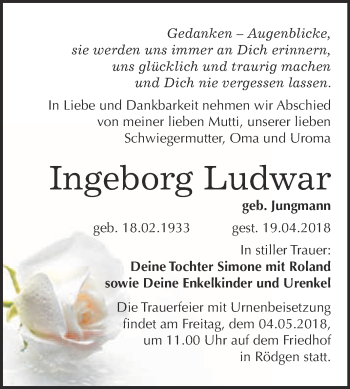 Traueranzeige von Ingeborg Ludwar von WVG - Wochenspiegel Bitterfeld