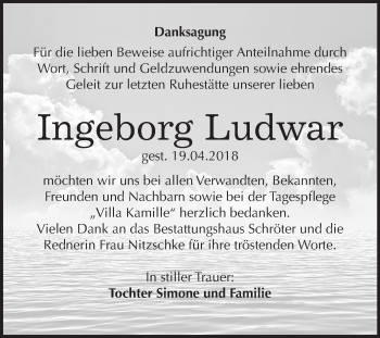 Traueranzeige von Ingeborg Ludwar von Mitteldeutsche Zeitung Bitterfeld