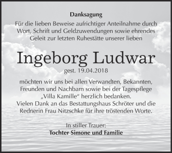 Traueranzeige von Ingeborg Ludwar von WVG - Wochenspiegel Bitterfeld