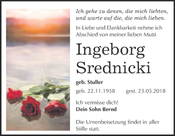 Traueranzeige von Ingeborg Srednicki von WVG - Wochenspiegel Bitterfeld