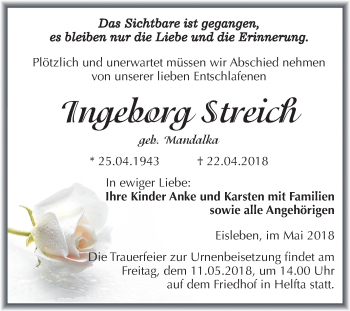 Traueranzeige von Ingeborg Streich von Mitteldeutsche Zeitung