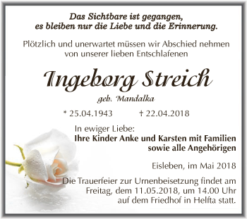 Traueranzeige von Ingeborg Streich von Super Sonntag SGH Mansf. Land