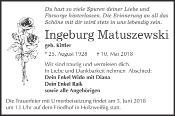 Traueranzeige von Ingeburg Matuszewski von WVG - Wochenspiegel Bitterfeld