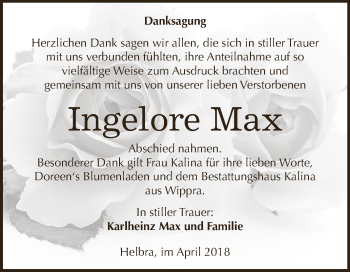Traueranzeige von Ingelore Max von Wochenspiegel Mansfelder Land