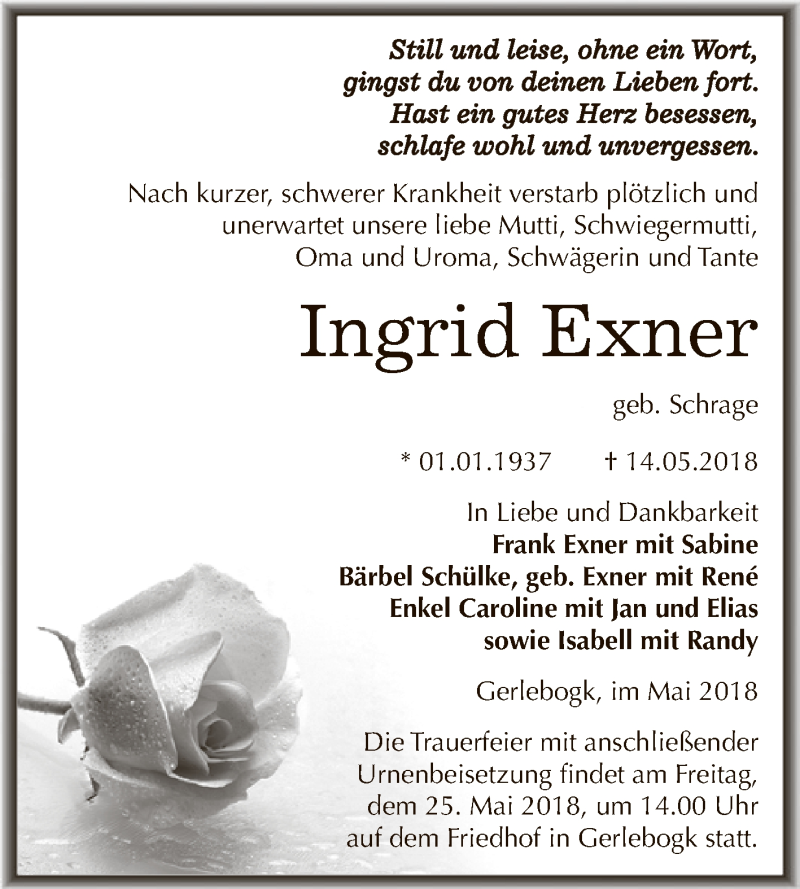  Traueranzeige für Ingrid Exner vom 19.05.2018 aus Super Sonntag Bernburg