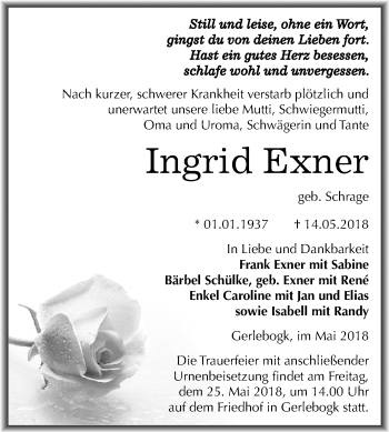 Traueranzeige von Ingrid Exner von Mitteldeutsche Zeitung Bernburg
