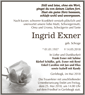 Traueranzeige von Ingrid Exner von Super Sonntag Bernburg
