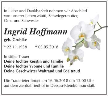 Traueranzeige von Ingrid Hoffmann von Mitteldeutsche Zeitung