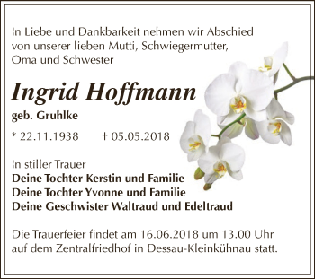 Traueranzeige von Ingrid Hoffmann von WVG - Wochenspiegel Dessau / Köthen