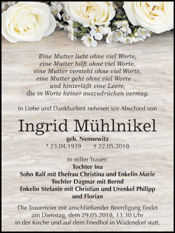 Traueranzeige von Ingrid Mühlnikel von Mitteldeutsche Zeitung Bitterfeld