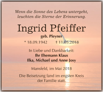 Traueranzeige von Ingrid Pfeiffer von Wochenspiegel Mansfelder Land