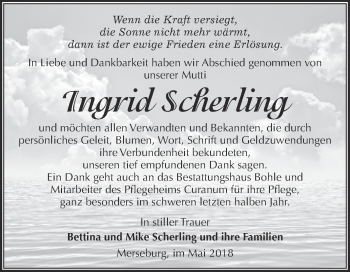 Traueranzeige von Ingrid Scherling von Super Sonntag Merseburg