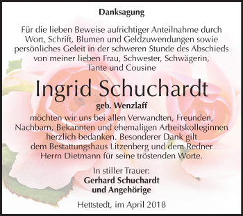 Traueranzeige von Ingrid Schuchardt von Mitteldeutsche Zeitung